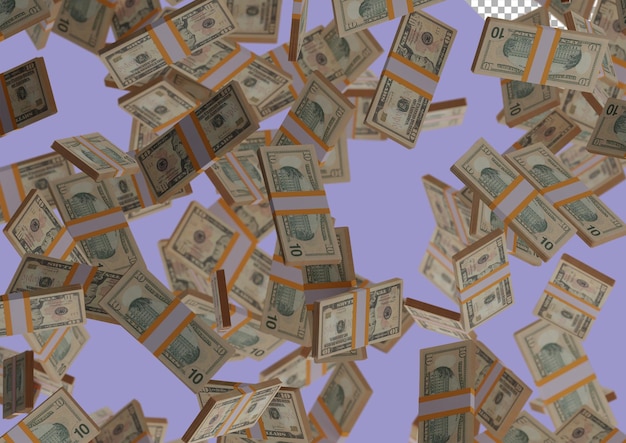 dziesięciodolarowy stos pieniędzy, renderowanie 3D, ilustracja, banknoty dolarowe na białym tle