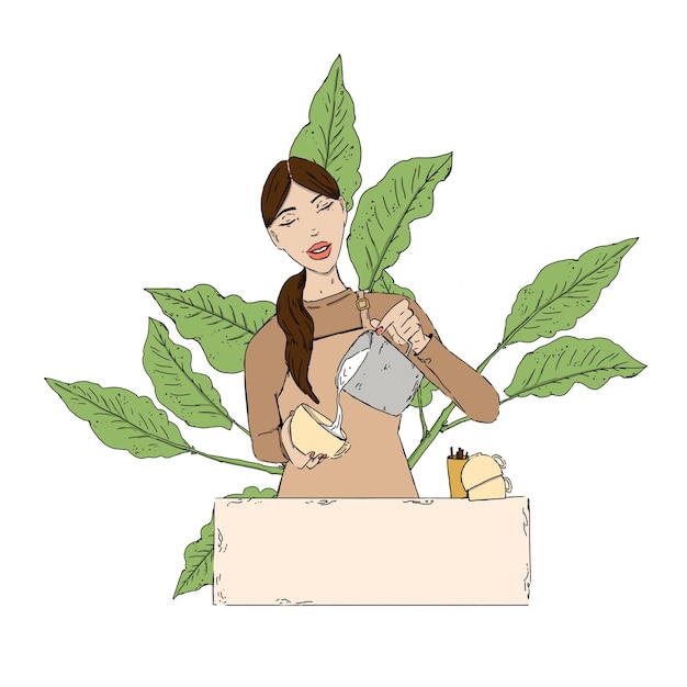 Dziewczyna barista robi kawę na liczniku z liści kawy rośliny ilustracja kompozycji cyfrowej