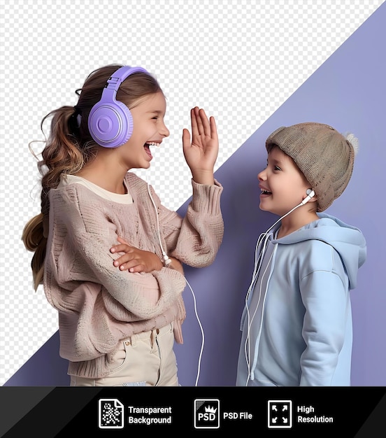 Dziewczyna I Chłopiec Noszą Słuchawki I Kapelusz Z Napisem 