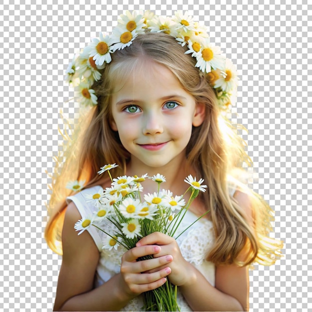 PSD dziewczyna trzymająca bukiet kwiatów margarit