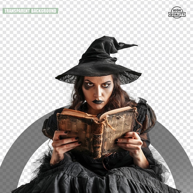Dziewczyna w czarnym kapeluszu czyta książkę z filmu w kostiumie halloween