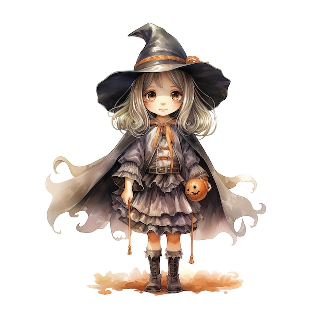 PSD dziewczyna w kostiumie czarownicy na halloween akwarelowy styl wygenerowany przez ai
