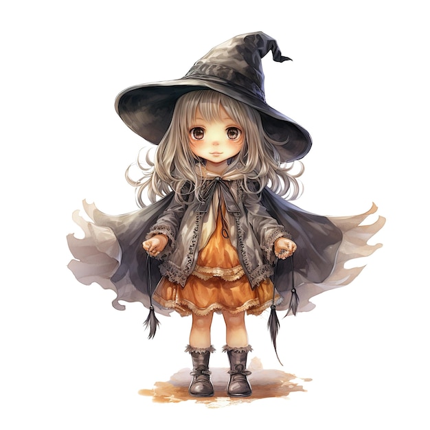 PSD dziewczyna w kostiumie czarownicy na halloween akwarelowy styl wygenerowany przez ai