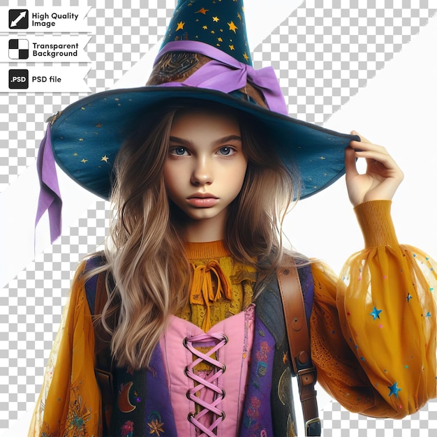 PSD dziewczyna w kostiumie czarownicy nosi kapelusz z fioletowym szczytem