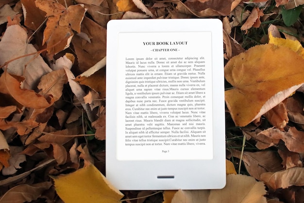 PSD e-book reader mock-up, autumn leaves, colorful background