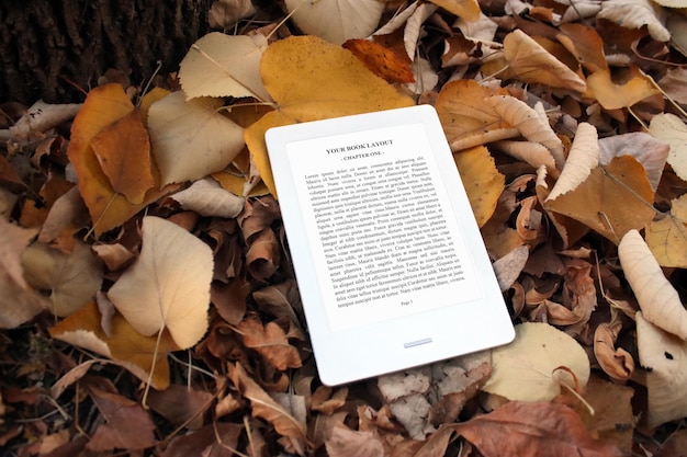 PSD e-book reader mock-up, autumn leaves, vintage
