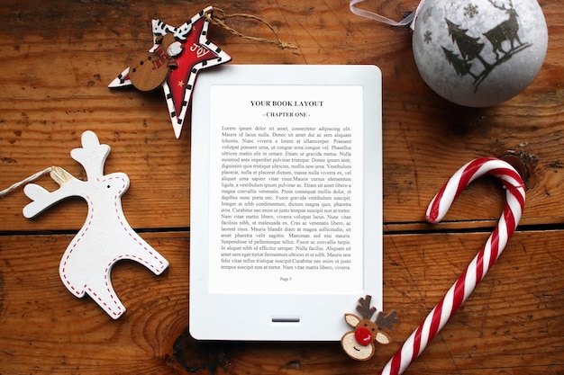 E-book reader mock-up, chrismas decoration, christmas ornaments