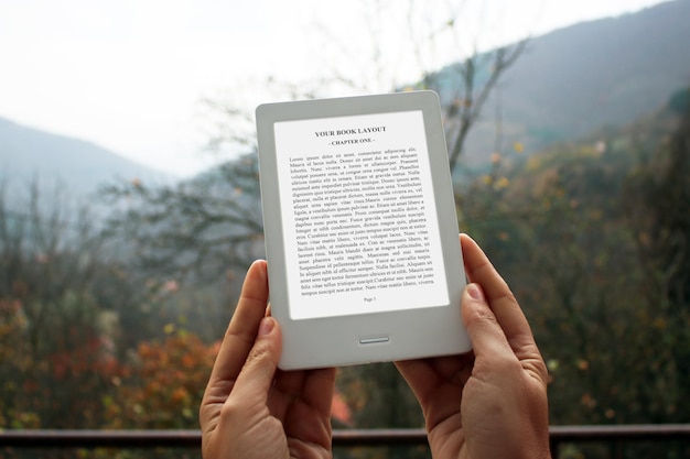 E-Book Reader, Mock-Up, home reading, morning, outdoor