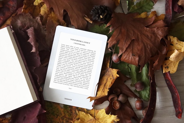 PSD e-book reader mock-up with autumn leaves, chestnuts, notebook,home