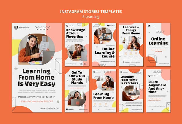 Raccolta di storie di instagram di e-learning con forme geometriche