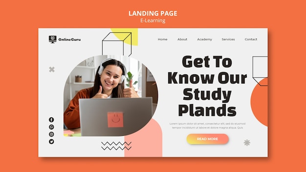 E-learning landing page template with geometric shapes