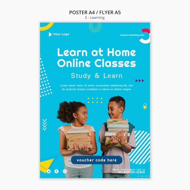 PSD e-learning and online classes vertical flyer template