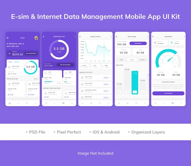 Kit interfaccia utente per app mobile per la gestione dei dati e-sim e internet