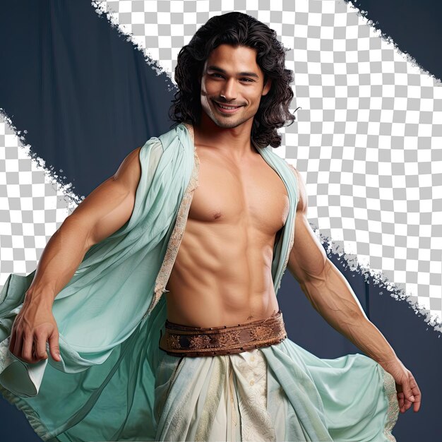 A eager adult man with wavy hair from the southeast asian ethnicity dressed in dancer attire poses in a standing with arms raised style against a pastel blue background