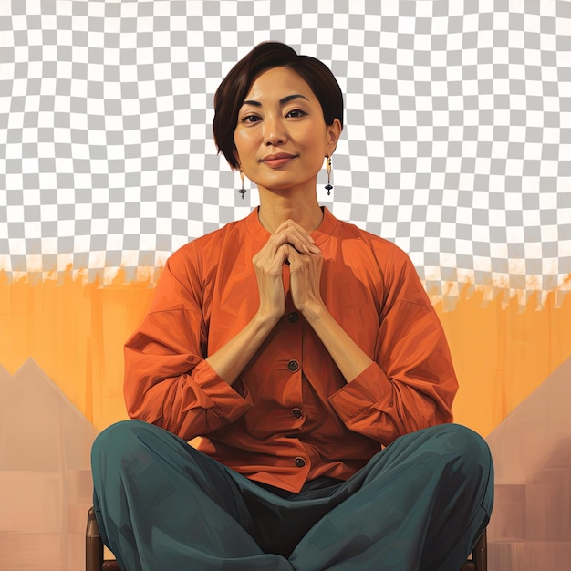 PSD a eager adult woman with short hair from the east asian ethnicity dressed in mediator attire poses in a seated with one hand raised style against a pastel tangerine background