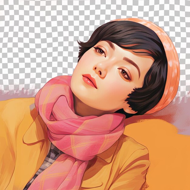 A eager adult woman with short hair from the west asian ethnicity dressed in knitting scarves attire poses in a lying down with head propped up style against a pastel apricot background