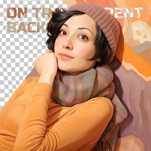 A eager adult woman with short hair from the west asian ethnicity dressed in knitting scarves attire poses in a lying down with head propped up style against a pastel apricot background