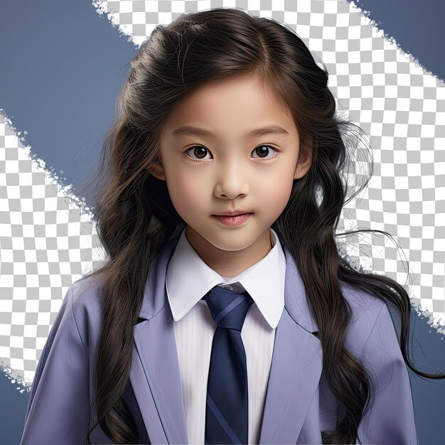 PSD a eager child girl with long hair from the asian ethnicity dressed in school counselor attire poses in a eyes downcast with a smile style against a pastel periwinkle background