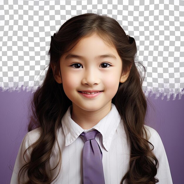 PSD a eager child girl with long hair from the asian ethnicity dressed in school counselor attire poses in a eyes downcast with a smile style against a pastel periwinkle background