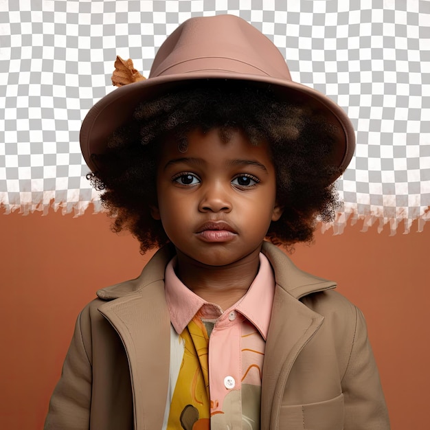 A eager preschooler boy with wavy hair from the african ethnicity dressed in fashion designer attire poses in a gaze through a prop like a hat style against a pastel apricot background