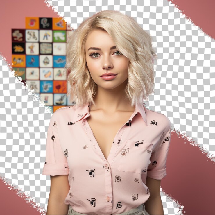 PSD a eager young adult woman with blonde hair from the east asian ethnicity dressed in playing board games attire poses in a standing with tilted hips style against a pastel coral background
