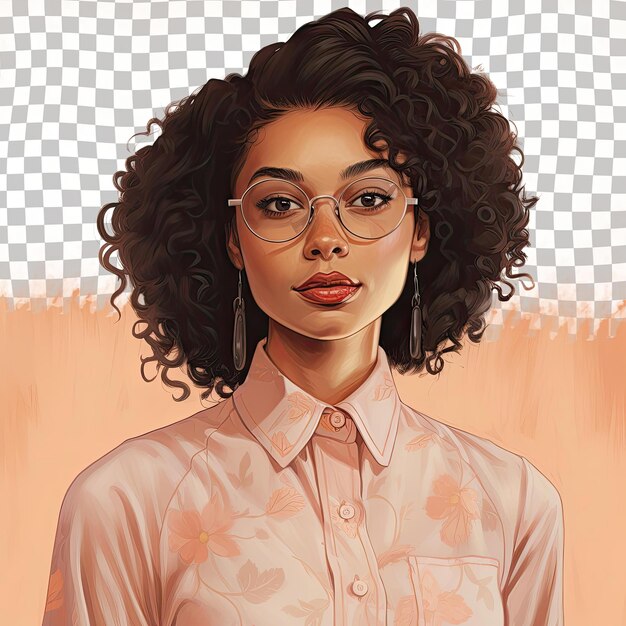 A eager young adult woman with curly hair from the african american ethnicity dressed in bookkeeper attire poses in a eyes looking over glasses style against a pastel peach background