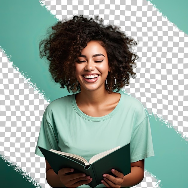 PSD a eager young adult woman with kinky hair from the southeast asian ethnicity dressed in reading a book attire poses in a playful laugh style against a pastel turquoise background