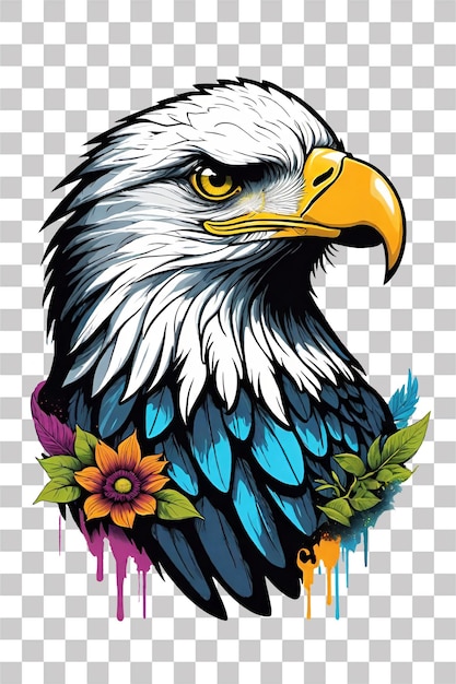 PSD eagle head with flowers for tshirt design on transparent background