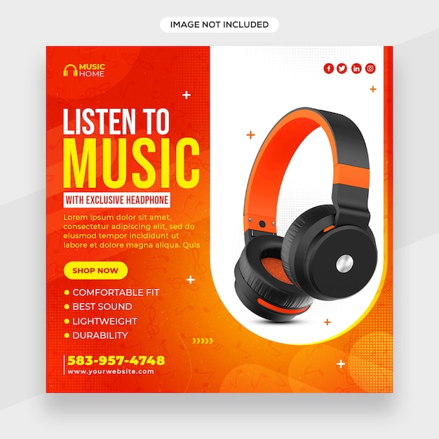 Earphone related social media post banner or square flyer template or facebook cover template