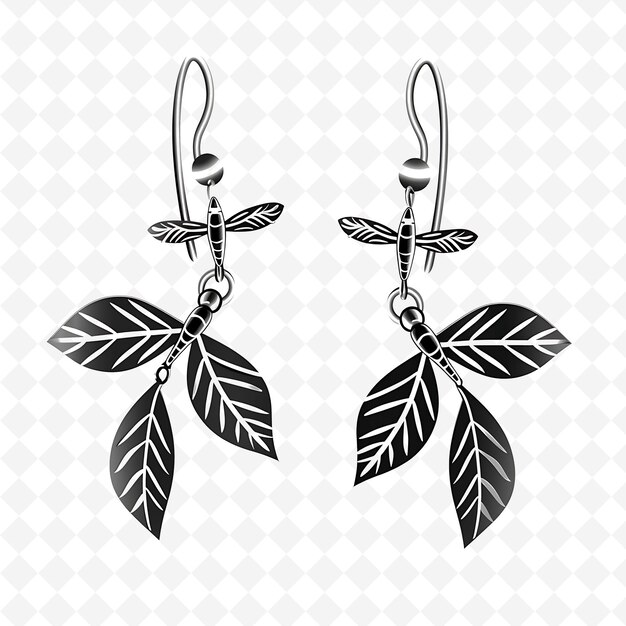 PSD earrings with leaves and feathers on a white background