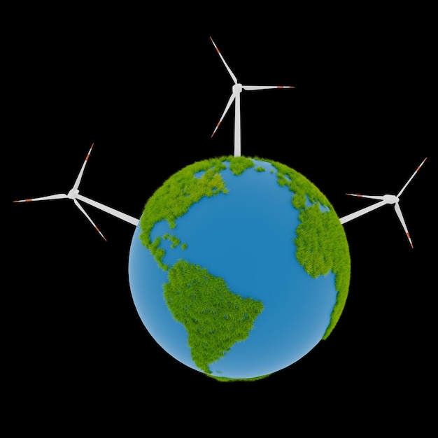 3Dレンダリングで風力発電の物体で草で覆われた地球