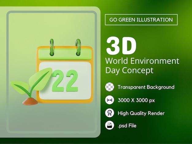 PSD Календарь дня земли 3d иллюстрация премиум psd файл