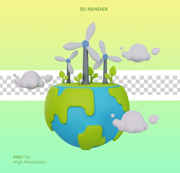 PSD giornata della terra salva il concetto di ambiente mondiale 3d turbina eolica fonte alternativa di elettricità sul globo