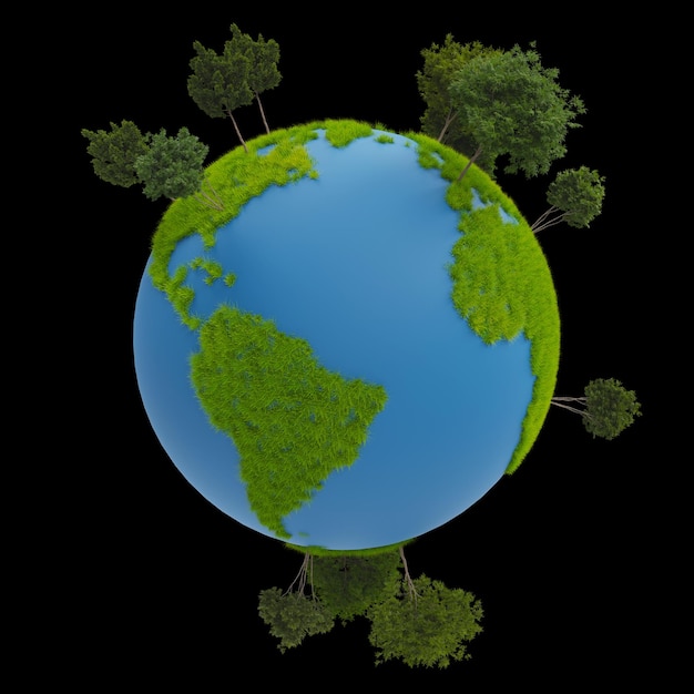 Объект окружающей среды Земли, покрытый травой и деревьями 3D-рендеринг