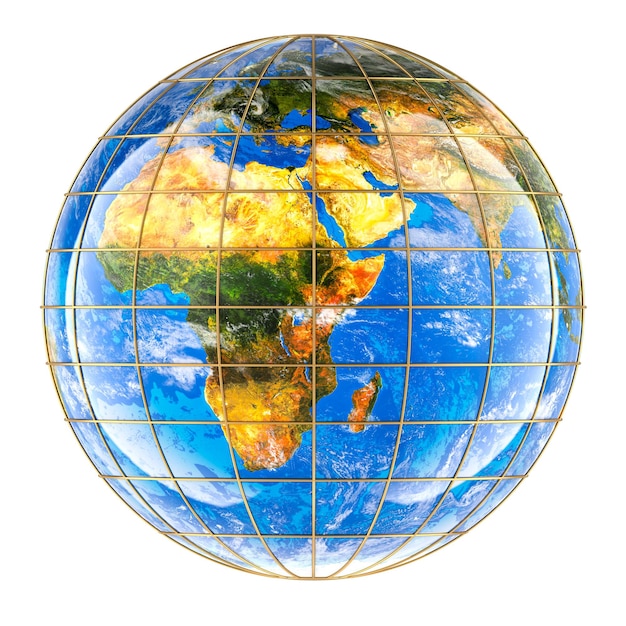 earth globe view of africa with meridians and parallels 3d rendering isolated on transparent background