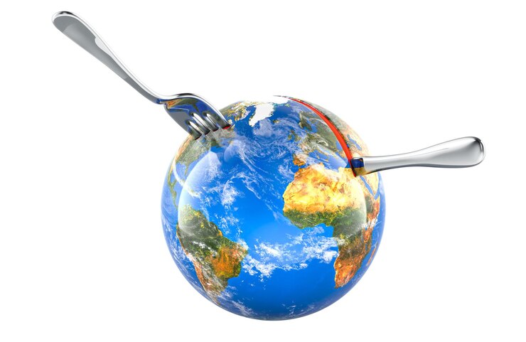 PSD earth globe with fork and knife international cuisine concept 3d rendering isolated on transparent background