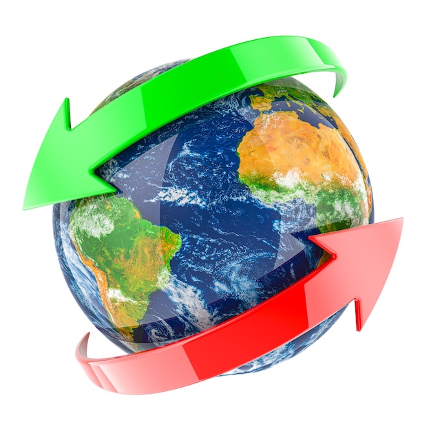 Earth Globe with green and red arrows around 3d rendering isolated on transparent background