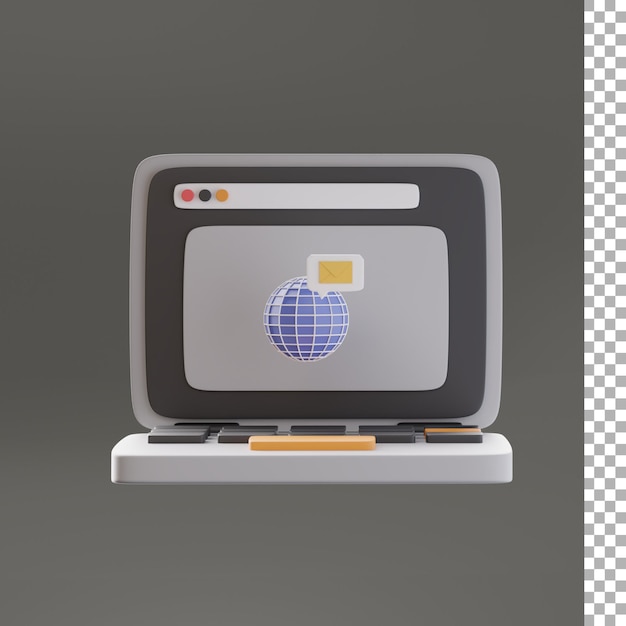 Globo terrestre con posta nell'icona 3d del computer portatile