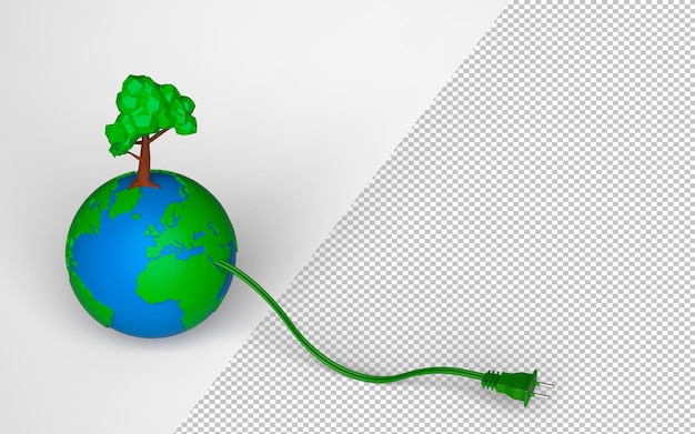 PSD Земной шар с кабелем питания и большим деревом на вершине, 3d визуализация