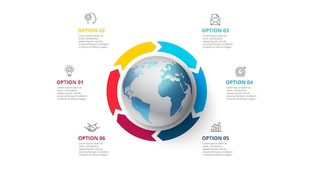 PSD earth with arrows around it infographic global template with 6 options