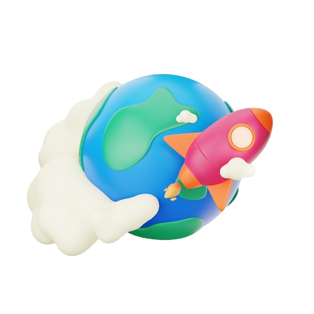 생태와 지구를 위한 로켓 3D 아이콘이 있는 지구