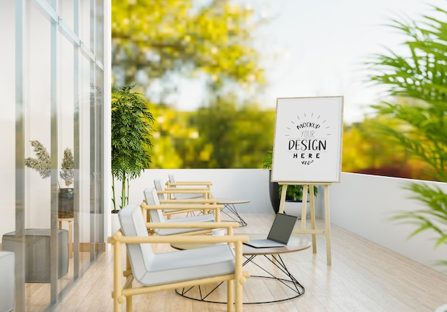 PSD easel mockup in sunny terrace with chairs