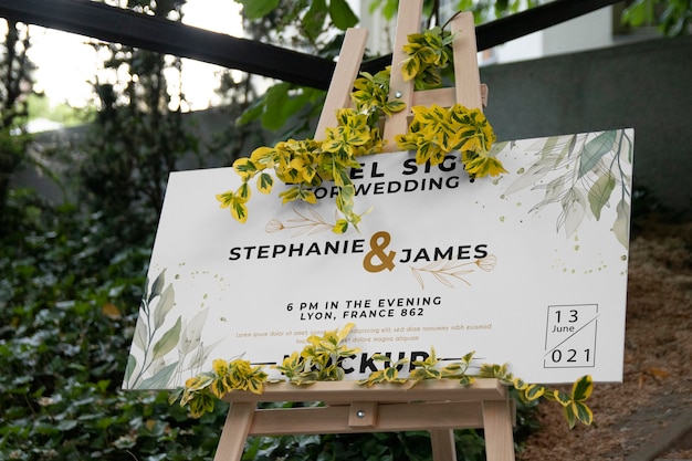 PSD easel sign mockup for wedding