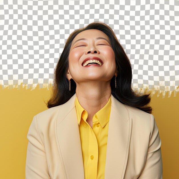 East asian actuary serene senior with long hair poses in eyes closed smile against pastel yellow background