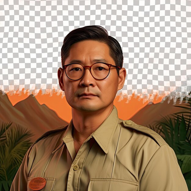 PSD east asian park ranger focused wistful man met kort haar brillen tegen pastel tangerine achtergrond