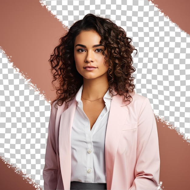 PSD east asian physician assistant calm young woman in curly hair sideways glance on pastel salmon