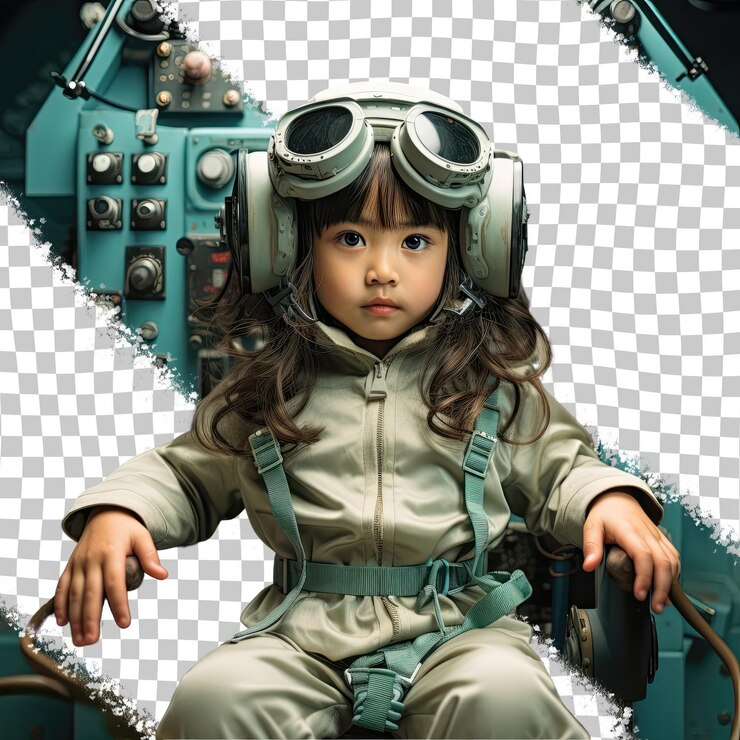 PSD east asian preschooler outrage long hair air traffic controller pose pastel teal background