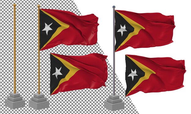 East timor flag waving different style with stand pole isolated 3d rendering