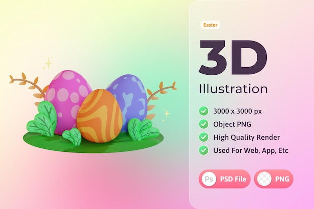 PSD イースター3dイラスト、卵と植物