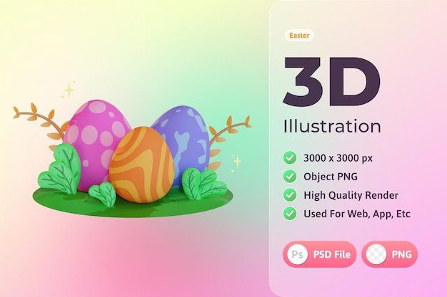 PSD easter 3d illustration, eggs and plants